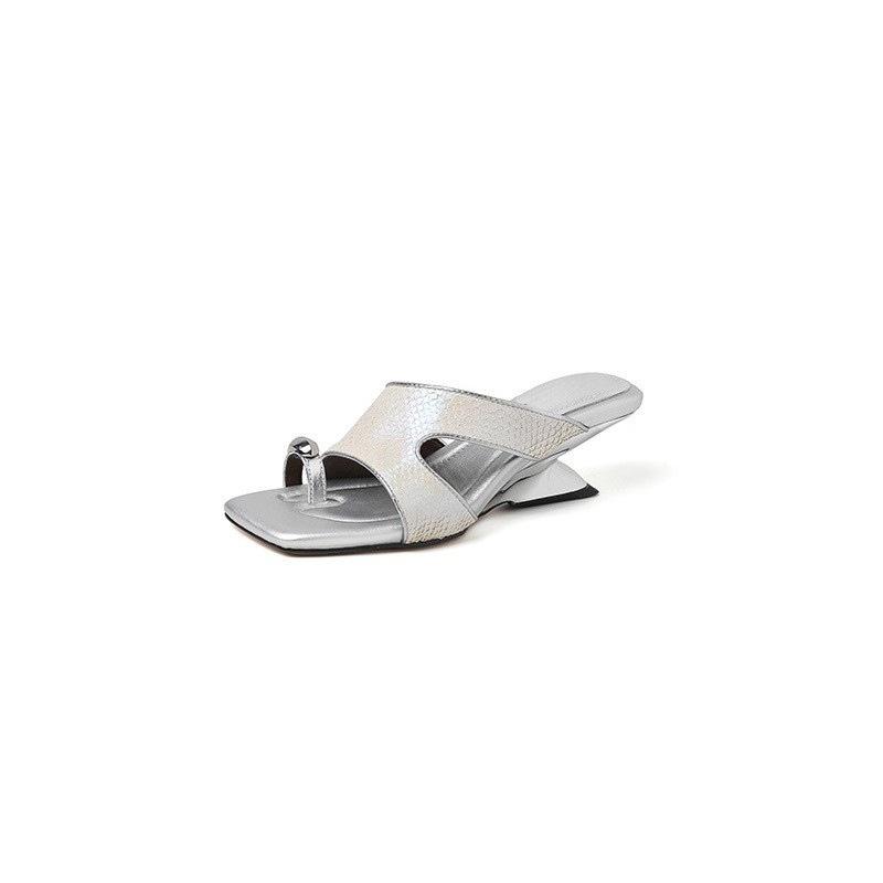 French Elegant Square Head Fish Pattern Cover Toe Special-shaped Slope Heel Fashionable and Versatile Outer Wear Open-toed Cool Slippers