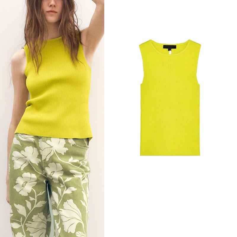 Summer New Product Women's Clothes Minimalist Style Round Neck Back with Rib Sleeveless Knitting Tops 3471026