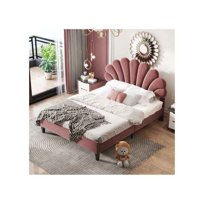 Pat dublu tapițat 140 x 200 cm, rame de pat cu tăblie florală și somieră cu lamele, pat suplimentar în culoarea soia