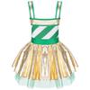 Girls Christmas Jumpsuit Striped Design Rhinestone Bow Adorned Ruffle Skirt Shorts Bodysuit Cosplay Costume