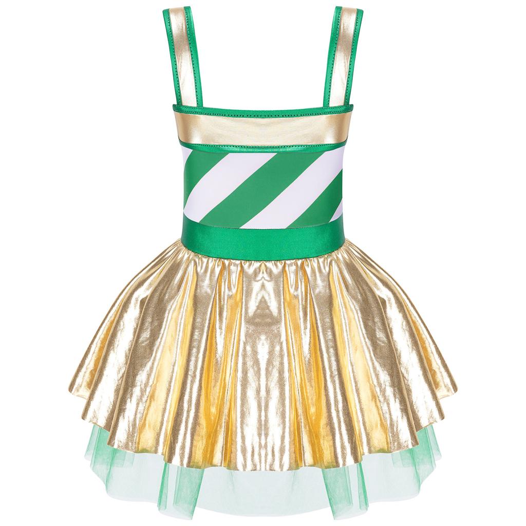 Girls Christmas Jumpsuit Striped Design Rhinestone Bow Adorned Ruffle Skirt Shorts Bodysuit Cosplay Costume