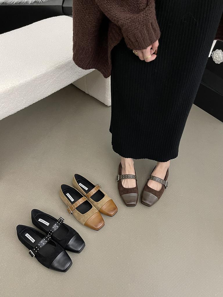 fashion Round Toe Women Loafers Mary Janes 2024 New Arrivals Fashion Flats Black Brown Beige Rivet Design Casual Daily Shoes Woman 35-39