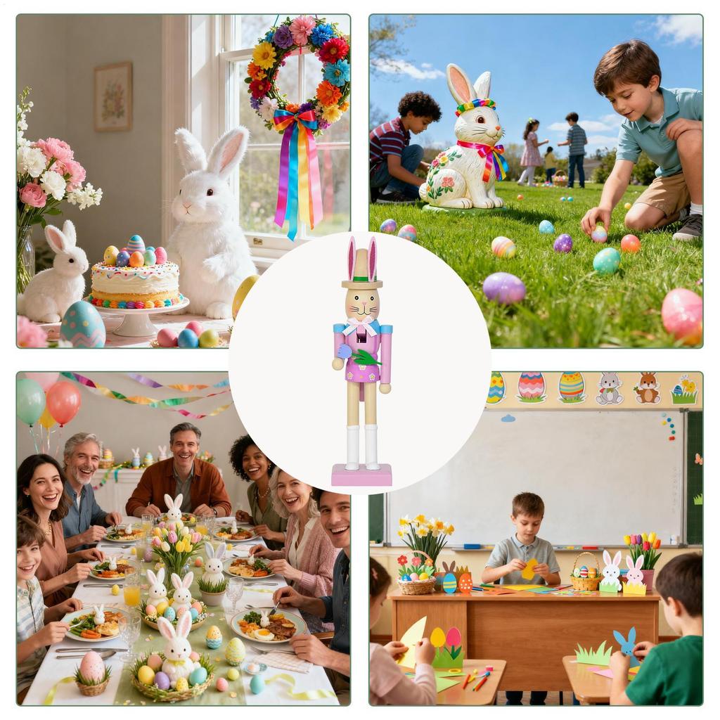 Easter Nutcracker Holiday Decorative Rabbits Figurine Easter Bunny Wooden Nutcracker Decoration For Spring Mantel Fireplace