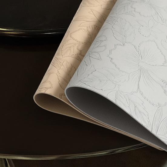 Artificial Leather Placemats Oil Resistant Chinese Style Engraved Flower Pattern Fan-Shaped Placemats Dining Table Decor
