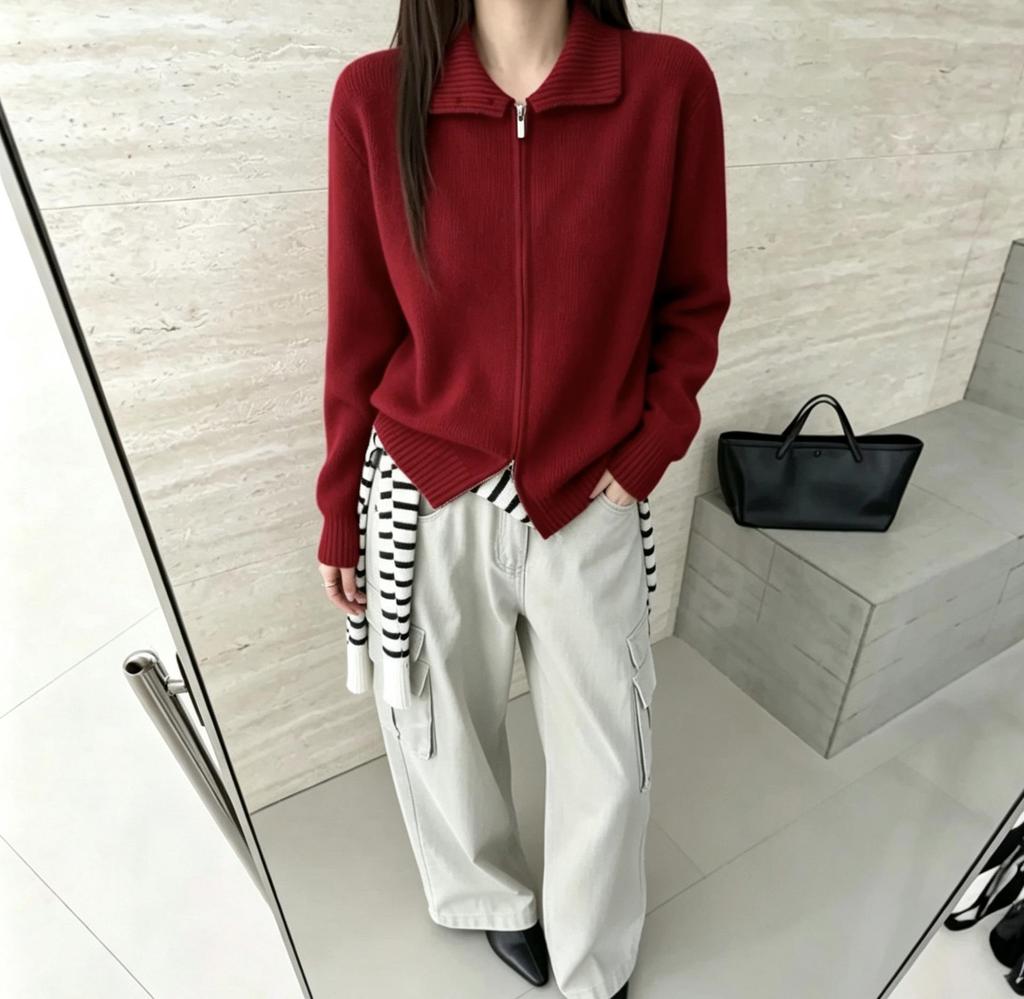 2026 Autumn/Winter Korean Stand Collar Double Zipper Knit Cardigan - Women's Loose Solid Color Sweater Coat