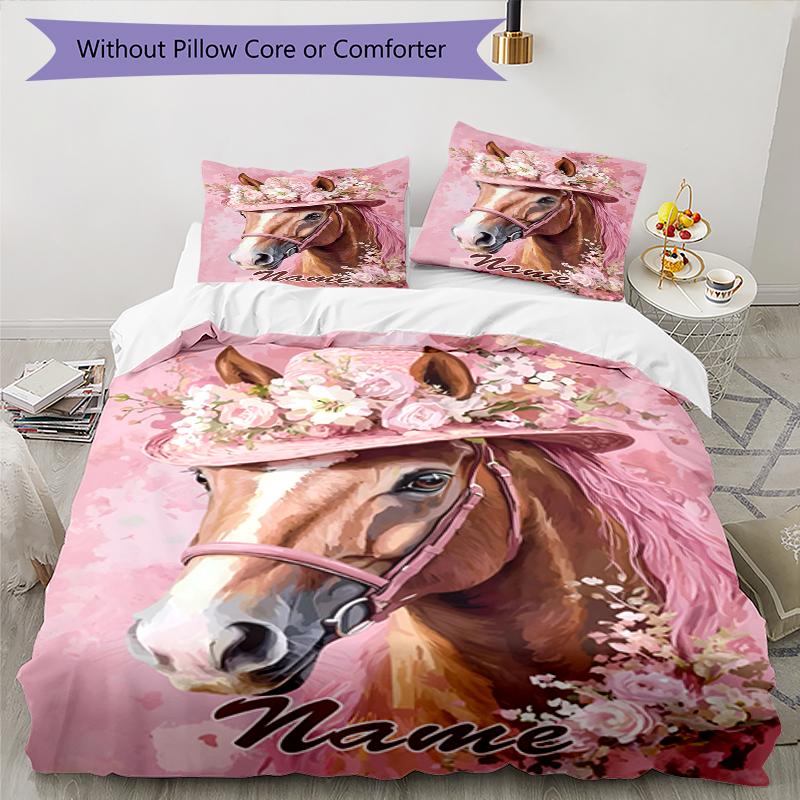 3pcs Custom Name Horse Bedding Set Duvet Cover Closure Includes 1 Duvet Cover & 2 Pillowcases, Soft and Comfortable for All Seasons.