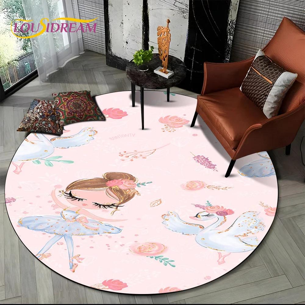 Ballet Girl Cartoon Flower Fairy Ballerina Round Carpet Rug for Living Room Bedroom Child Decor,Pet Area Rug Non-slip Floor Mat