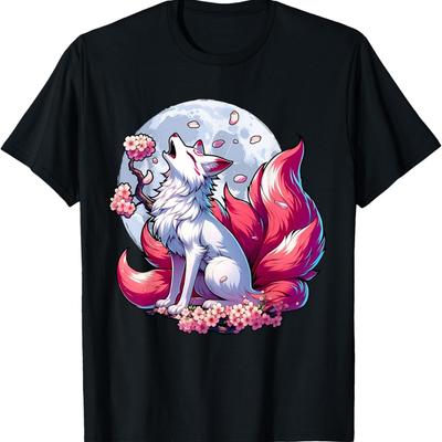 T-shirt Anime Kitsune Renard à Neuf Queues Fleur de Cerisier