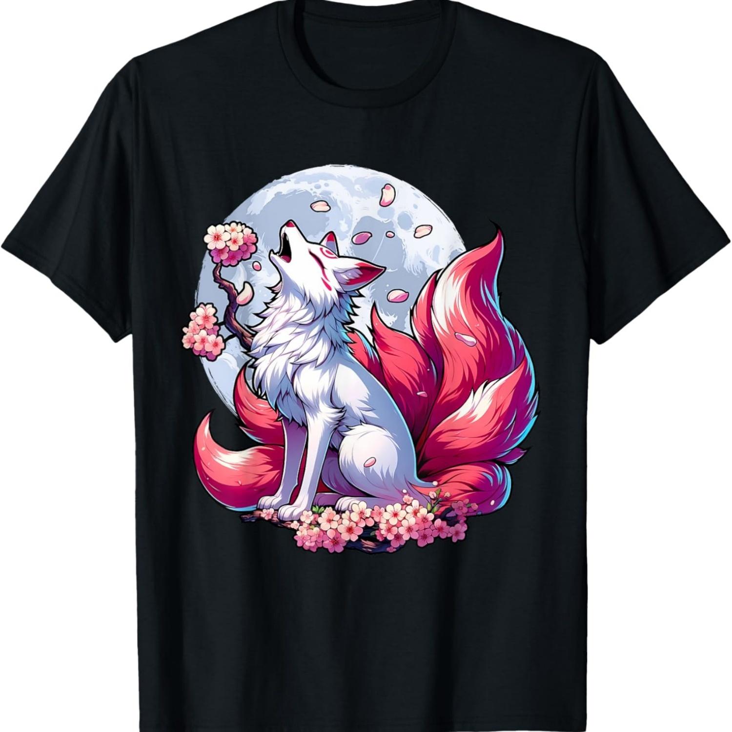 Kitsune Fox Nine Tailed Fox Cherry Blossom Anime T-Shirt S чёрный