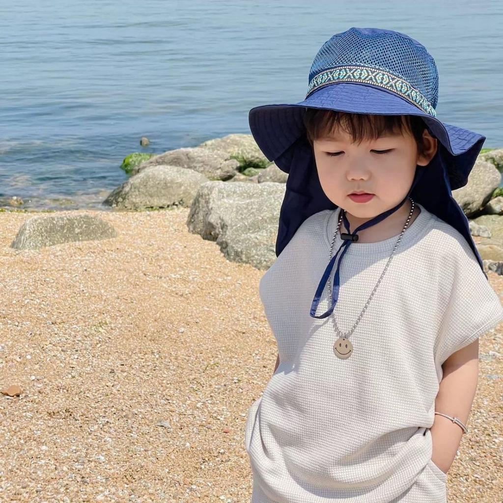 Folding Storage Children's Sunscreen Hat Summer Boys' Mesh Sunshade Big Eave Hat Shawl Hat Neck Protection