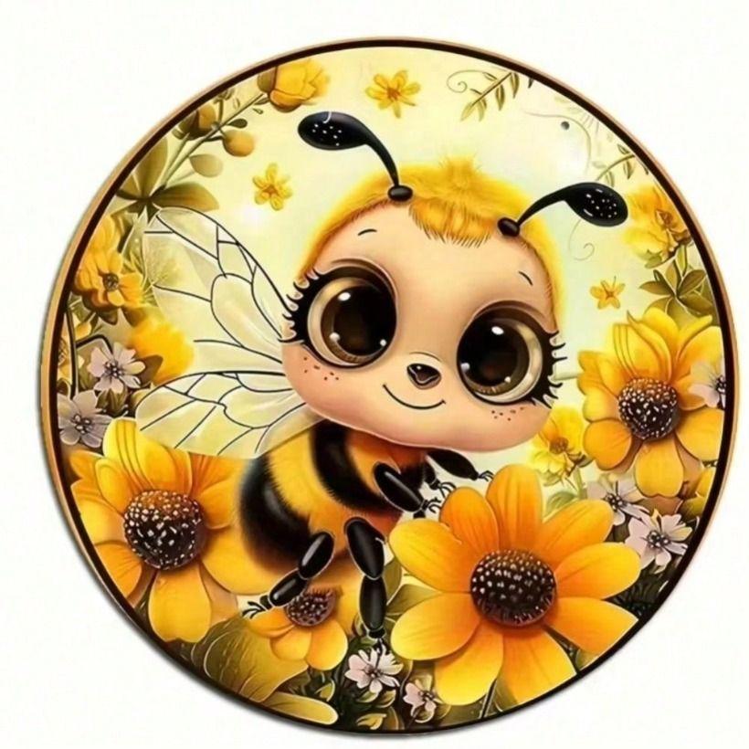 

Metal Poster Bee Flower Wall Art,Round Circle Hanging Sign for Home Decor Living Room