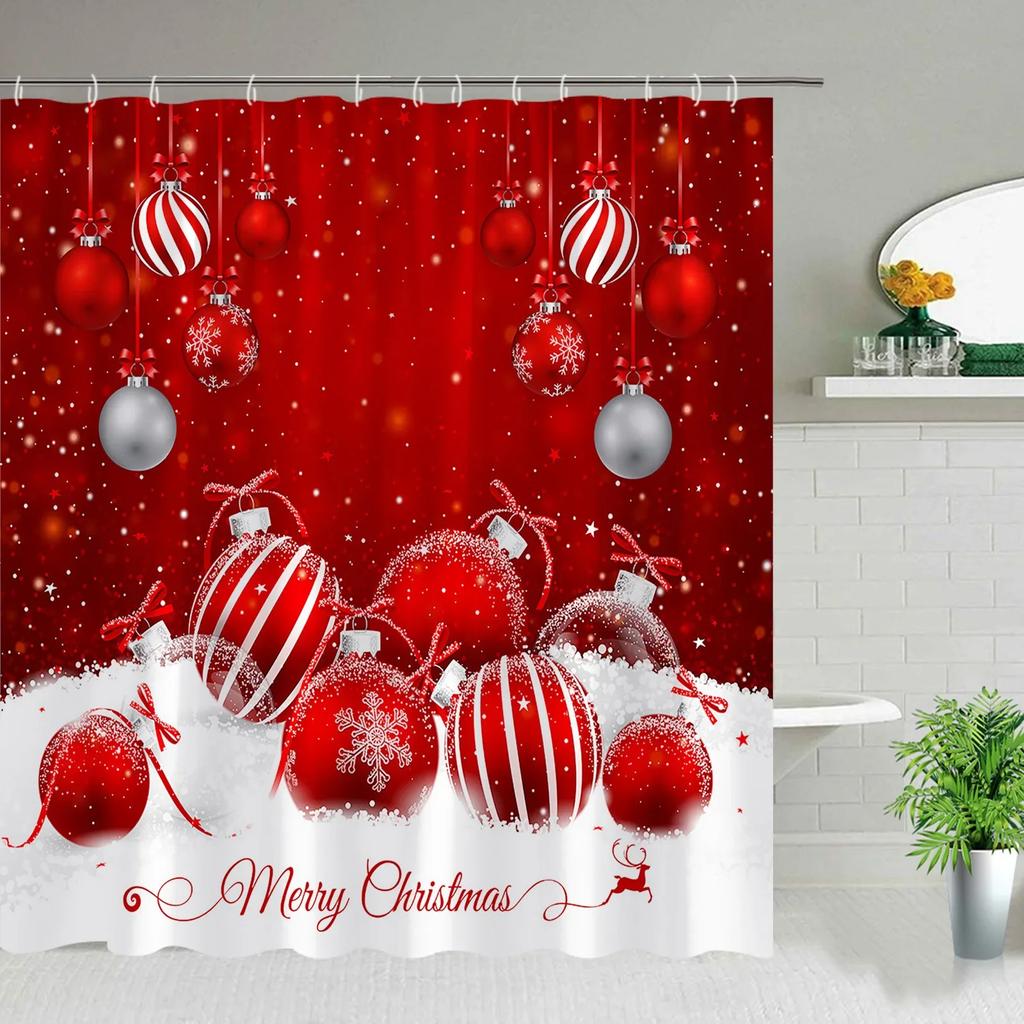 Merry Christmas Shower Curtains Red Xmas Ball Fir Snow Fabric Cloth Bathroom Curtain Set Bath Decor With Hook Polyester Washable