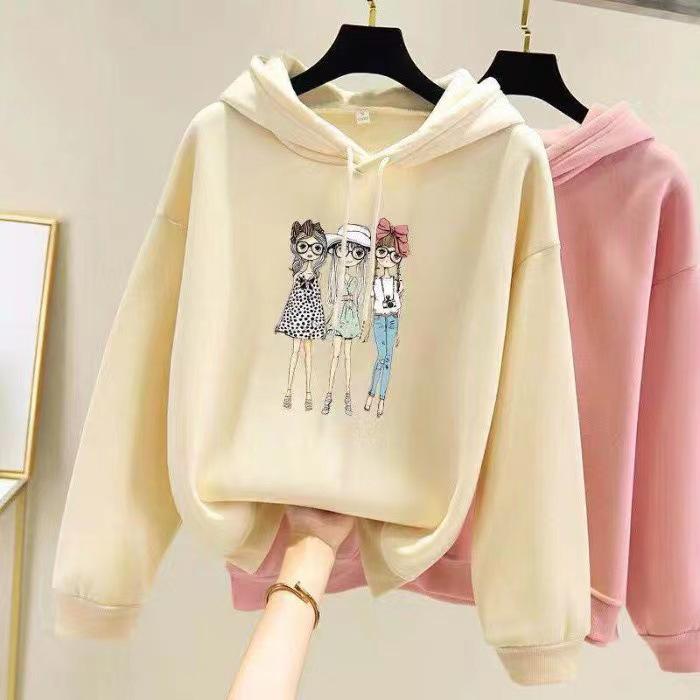 Korean Style Women's Fleece-Lined Hooded Sweatshirt, Plus Size, Loose Fit, Long-Sleeved, for Autumn and Winter.