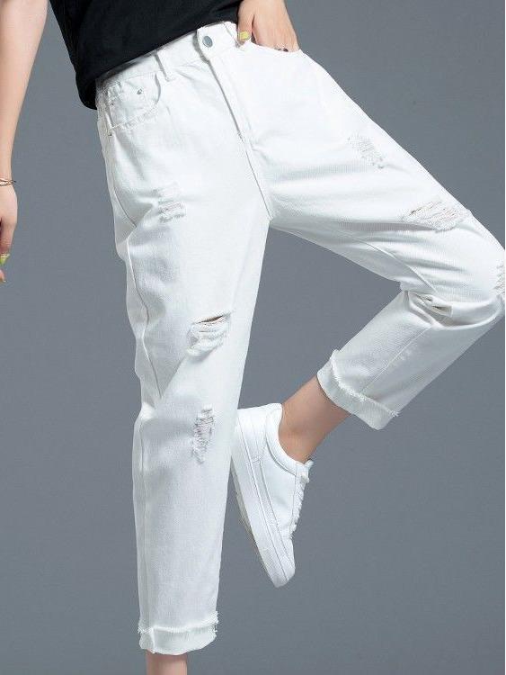 Women's High Waist White Ripped Jeans - Spring 2026 Slimming Cropped Narrow Fit Harem Style