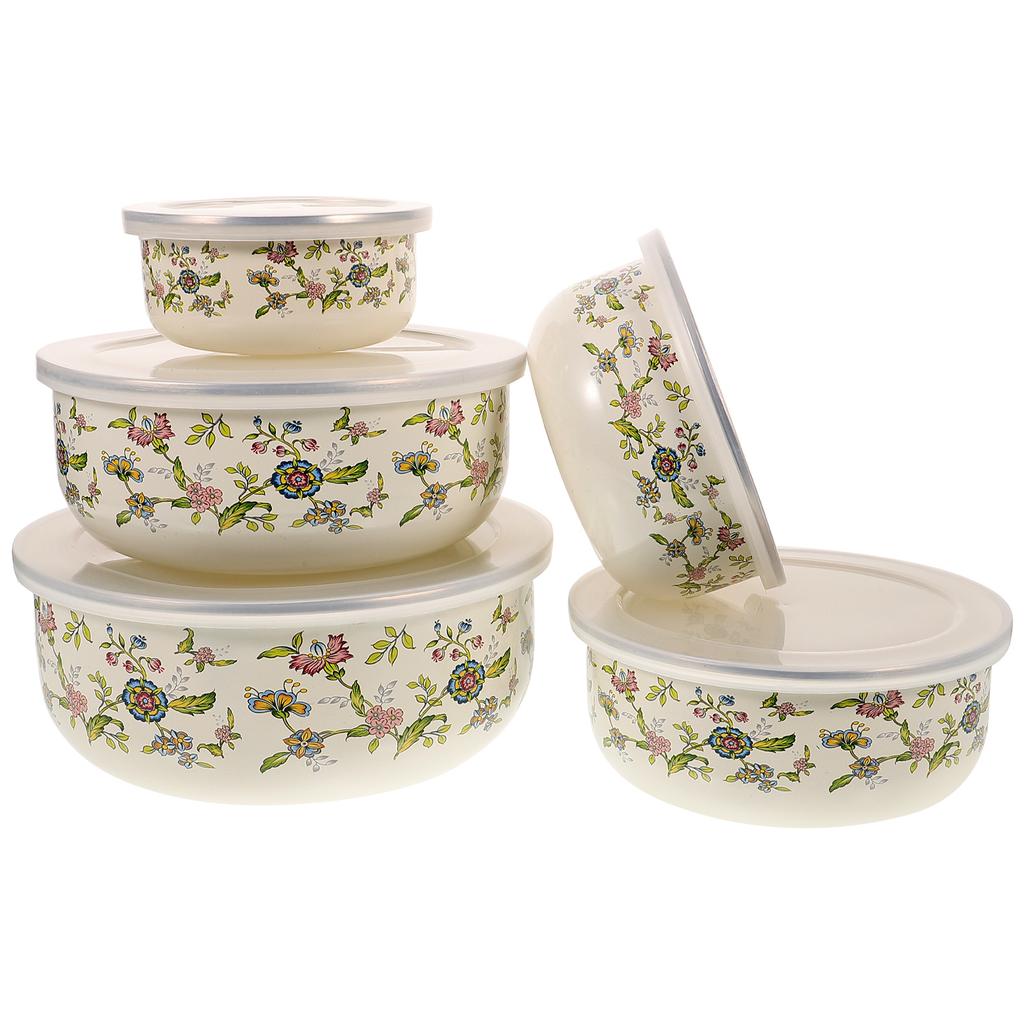 5 Pcs Fresh Fruit Bowl Metal Bowls with Lids Microwavable Mixing Salad Enamel for Baking Enamelware Popcorn