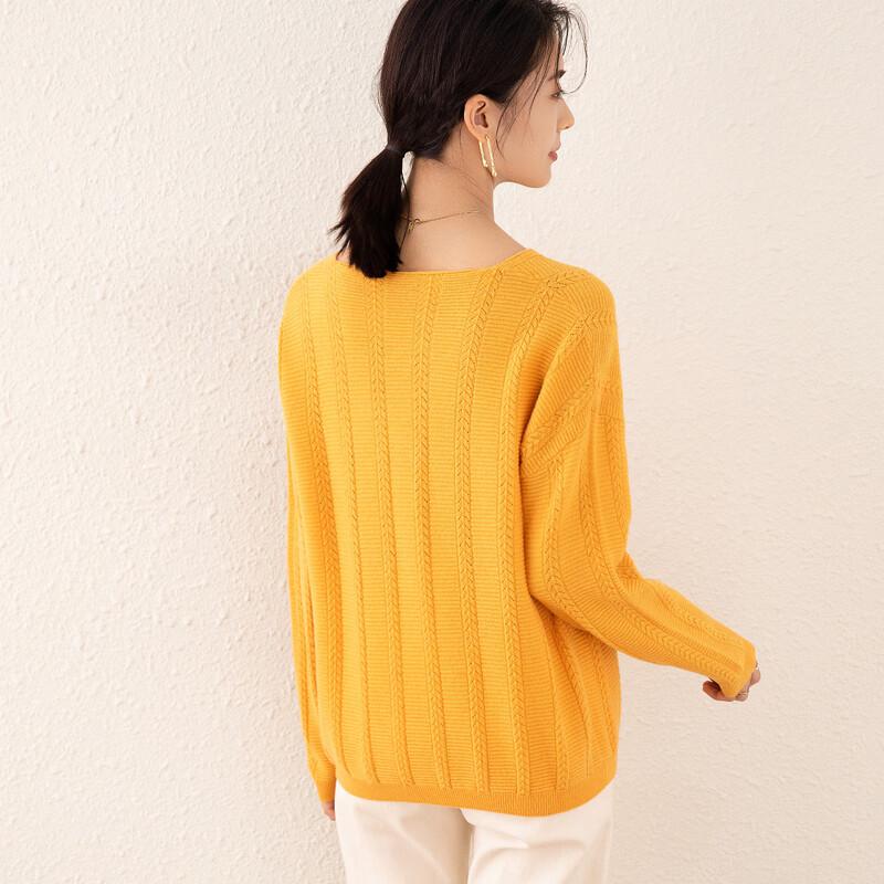 TUHUANG Women's 100% Wool Textured V-Neck Sweater