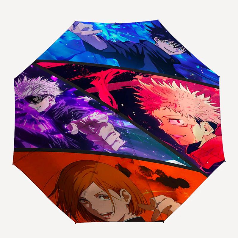 1 Stück Jujutsu Kaisen Charaktere Automatisches Öffnen und Schließen Regenschirm Tragbares Dreifach faltbares Design mit 8-Speichen-Eisenrahmen, Outdoor, Geschenk für Fans, Reisende, Tägliche Nutzung,