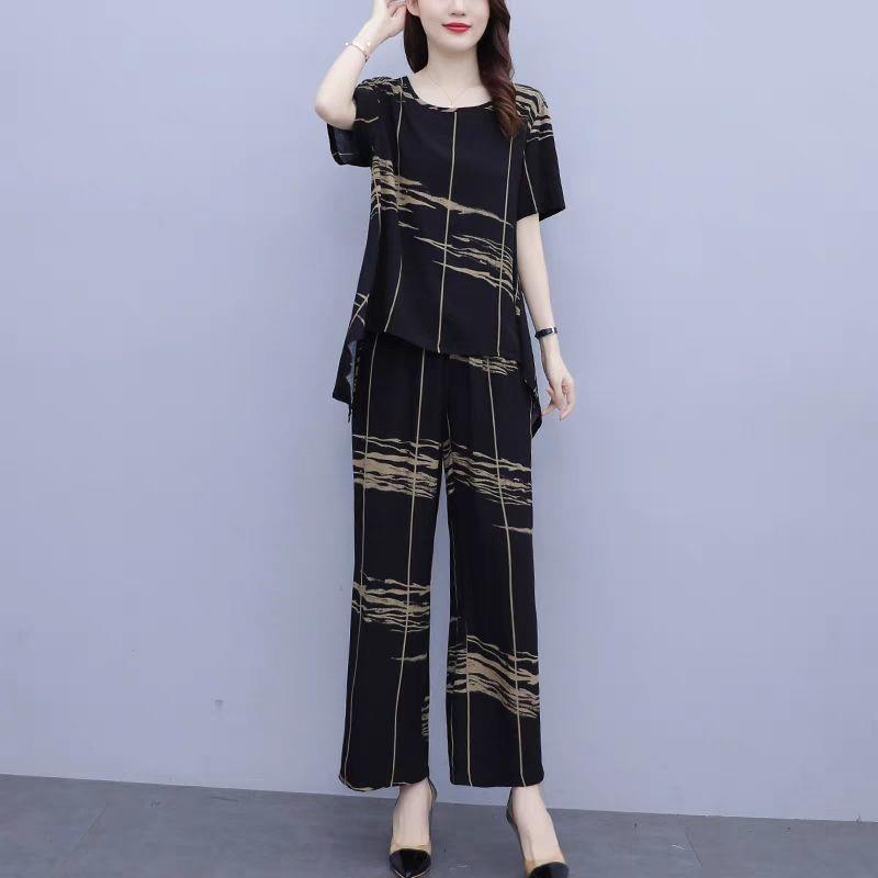 Plus Size Women's Fat Mother's Age-reducing Slimming Wide-leg Pants Casual Suit Summer Fashionable and Age-reducing Two-piece Set