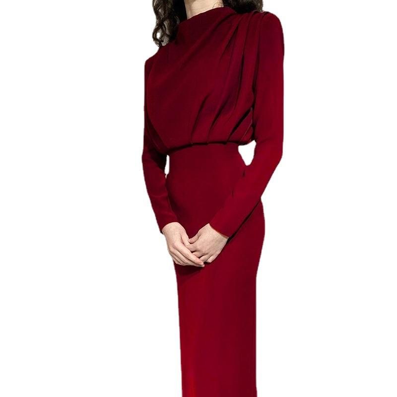 Europe, America 2026 Autumn and Winter New Fashion Temperament Waist Foreign Style Solid Color Long-sleeved Dress Wholesale 2023