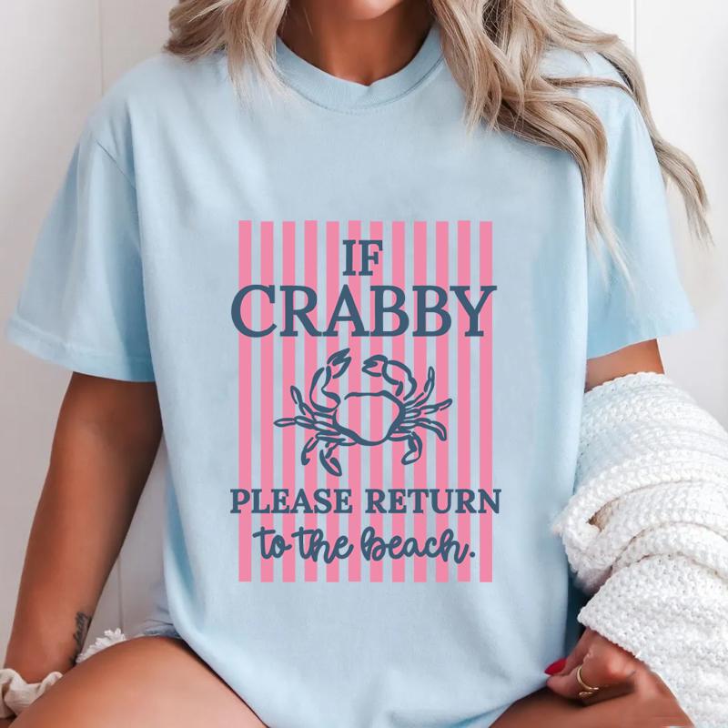 If Crabby Please Return To The Beach T Shirts Striped Short Sleeve Cotton Beach Vacation TShirt Design Funny Crab Graphic Tees