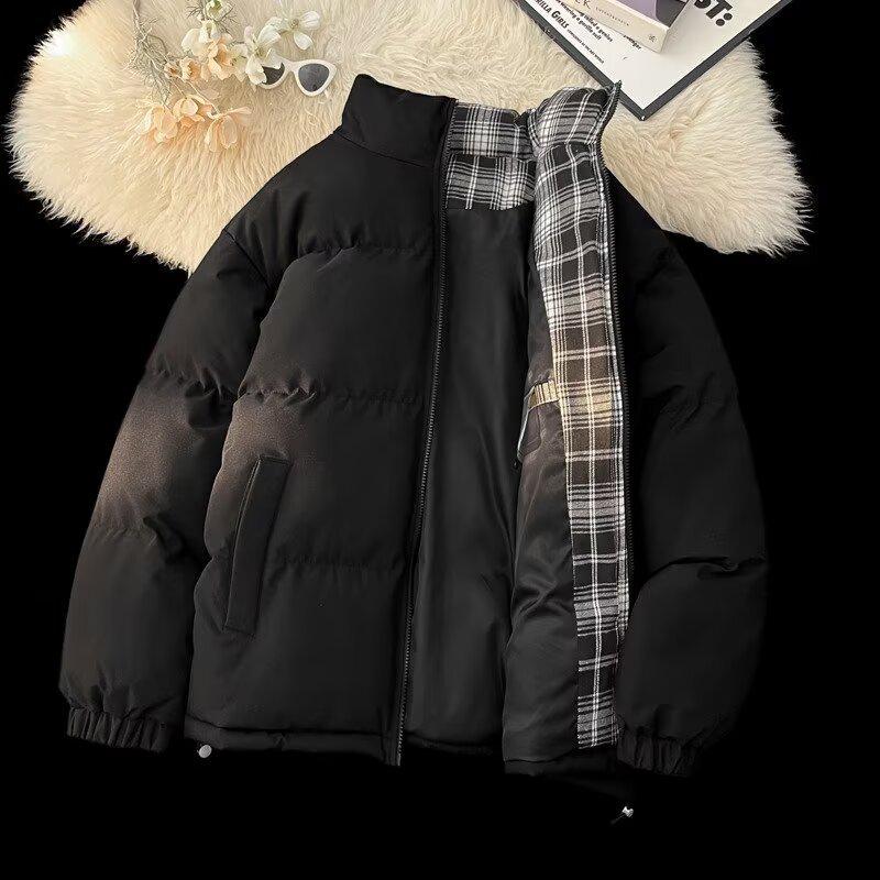 Unisex Black Plaid Patchwork Cotton Jacket – Warm Stand Collar Winter Outerwear