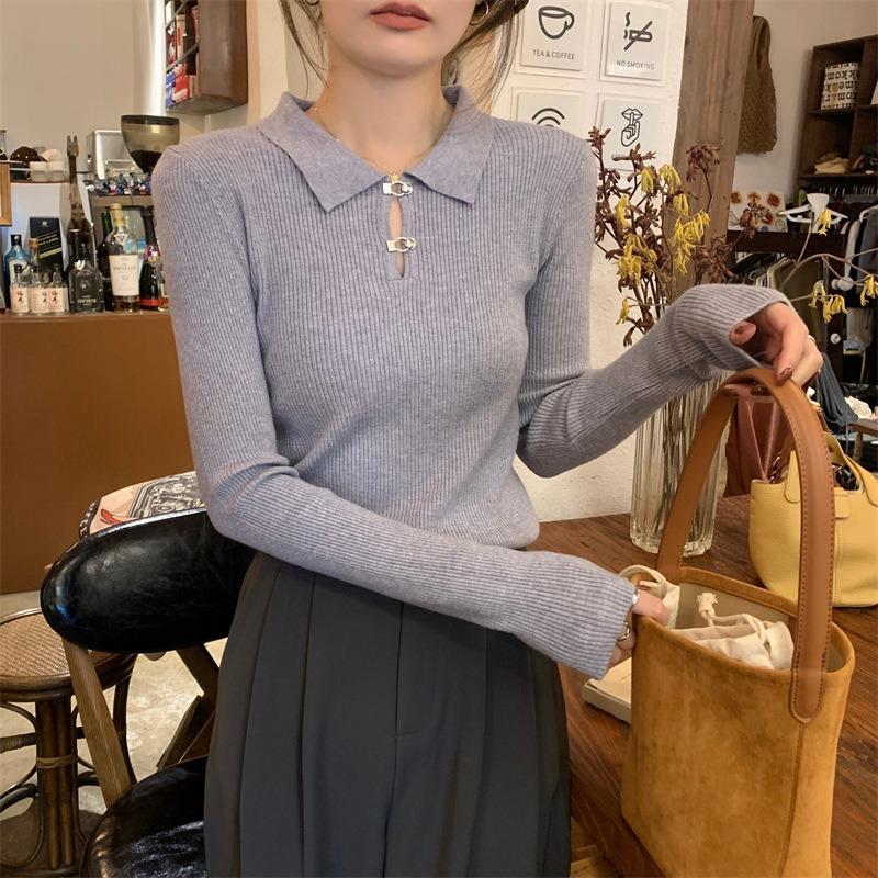 Bottom shirt women's spring and autumn new slim-fit high-end design sense inside knitted sweater polo collar top