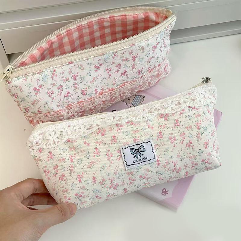 High Quality Sweet Lace Floral Design Pen Bag Large Capacity Multifunctional Stationery Bag Pencil Case Students Supplies