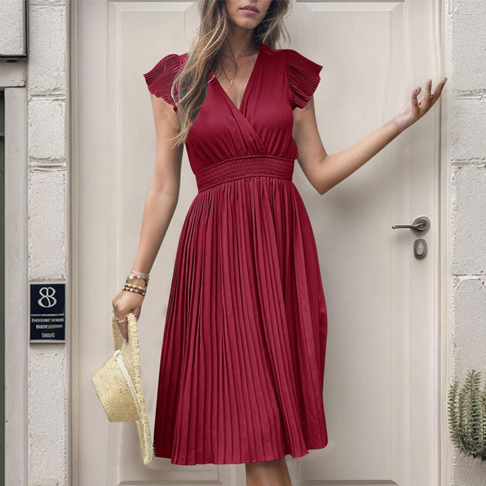 Summer Women's Pleated Short-sleeved Solid Color Dress