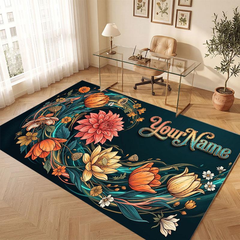 Floral Garden Theme Crystal Velvet Floor Rug Personalized Custom Name Text Warm Carpet Home Decoration