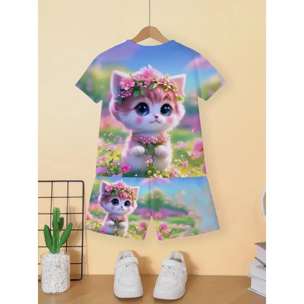 Children's Cat T-Shirt Shorts Set Summer Casual Girl Clothes Short Sleeve Kids Sets for Children Tops Outdoor Sport Girl Outfits