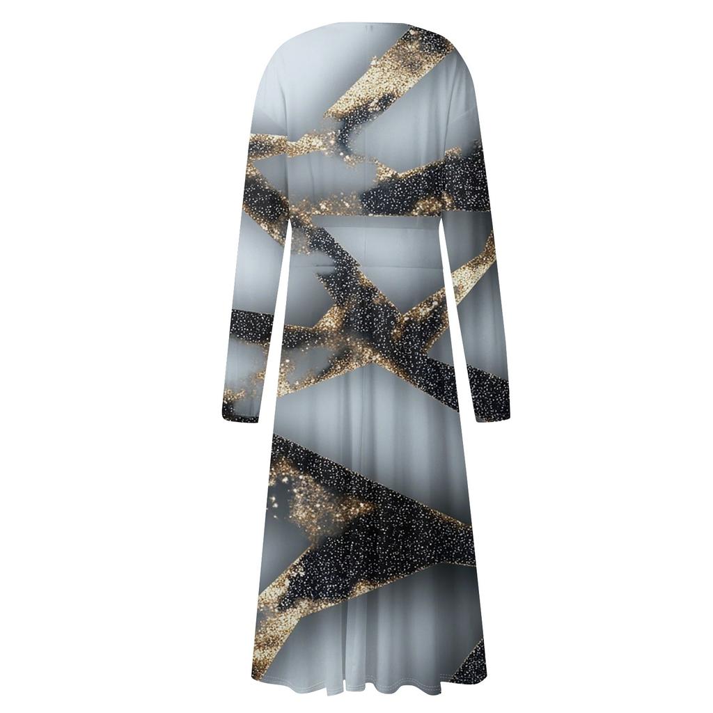 Women's - And Winter Casual Fashion V-neck Long Sleeve Stripe Print Long Dress Suitable For Daily Life And Party Wear