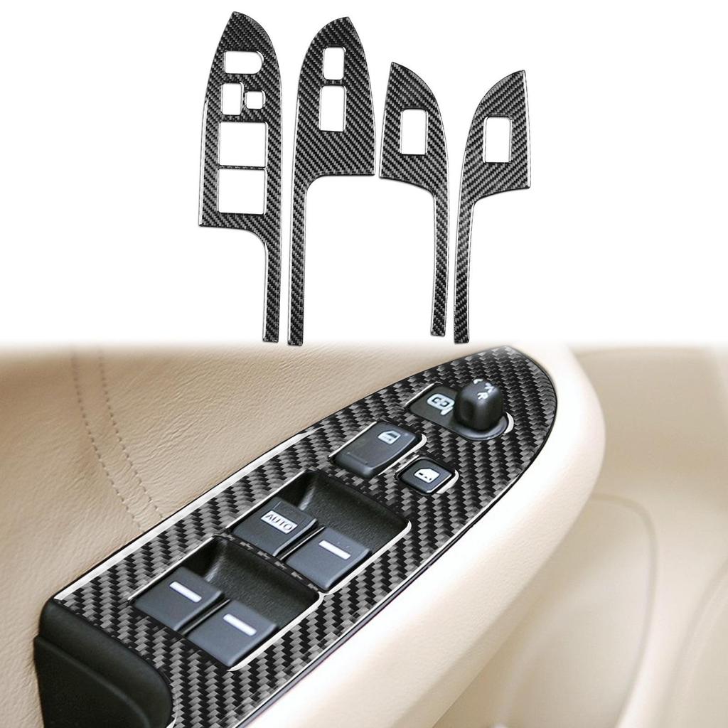 Carbon Fiber Interior Parts for Honda Accord 03-07: Steering Wheel, Window Lifters, Center Console, and Instrument Panel.