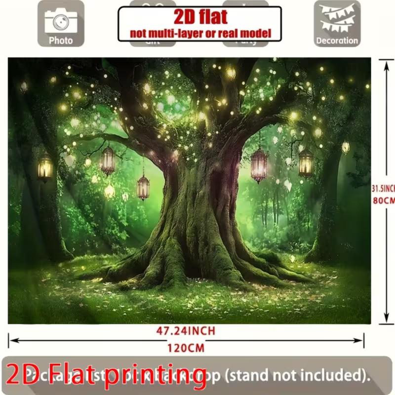 2D Verzauberter Waldbaum Kulisse Magische Laterne Glühwürmchen Hintergrund