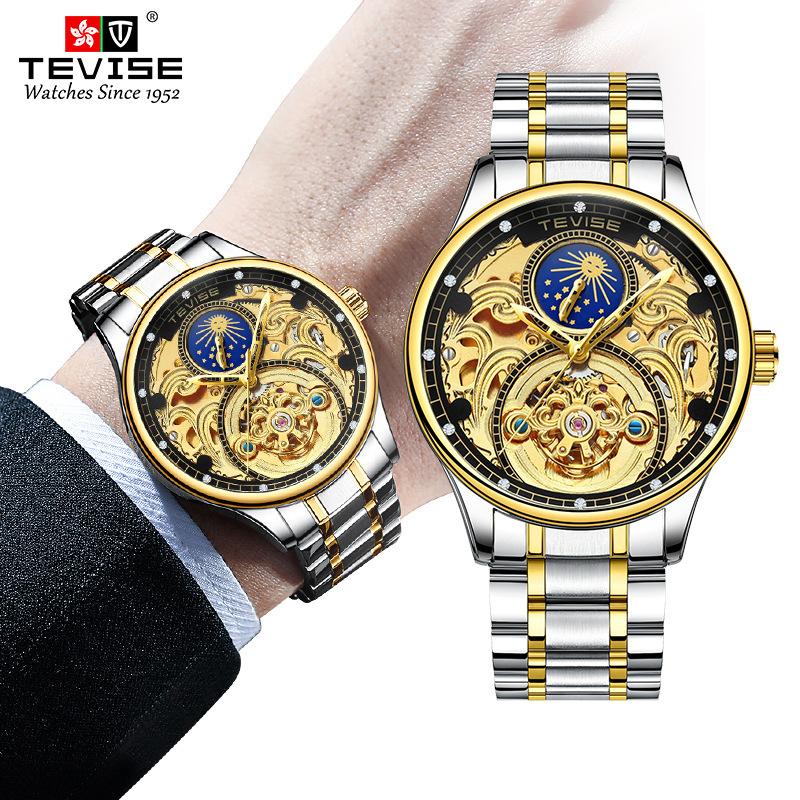 TEVISE Watch for Men Automatic Mechanical Wristwatch Fashion Skeleton Moon with Diamond Luxury Watch Business Gift for Men