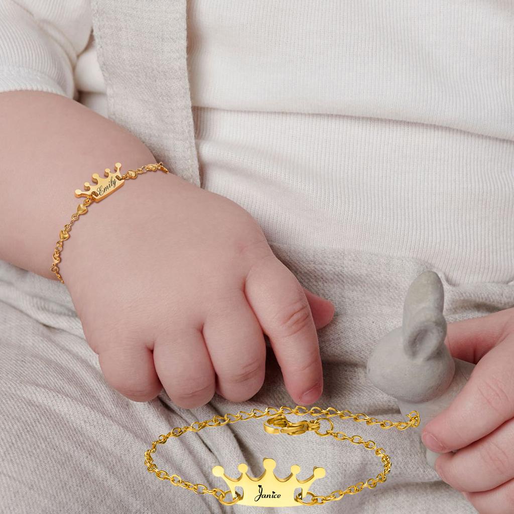 Personalized Name Crown Bracelet for Little Boy Girl , Customized ID Bangle, Stainless Steel Not Allergic Birthday Gift