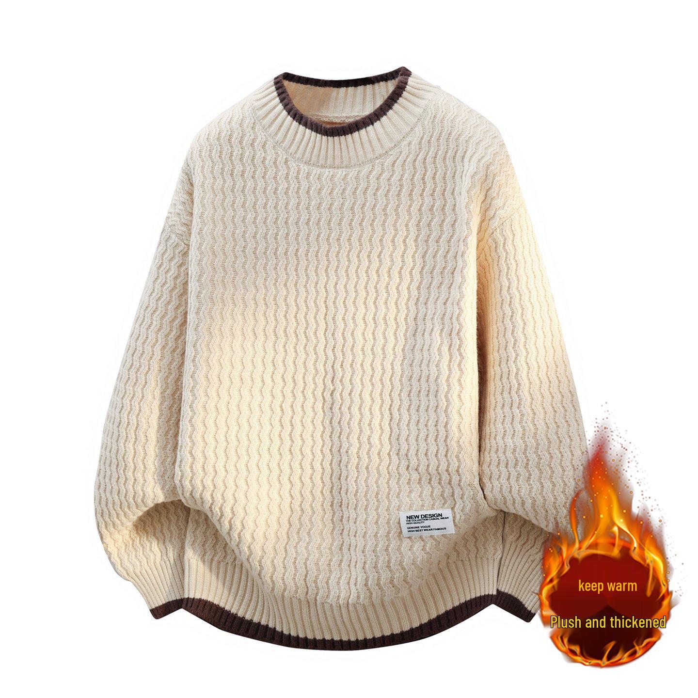 

Men s Trendy Fleece-Lined Color Block Sweater for Teens - Autumn/Winter Knit Round Neck 3XL 150-165 lbs