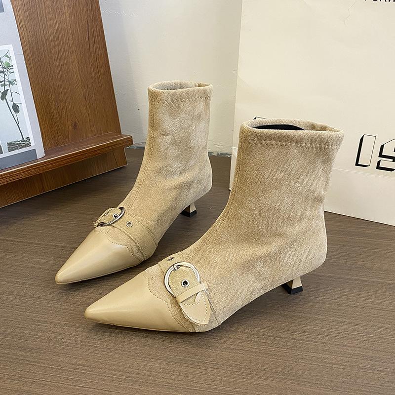 Ghete scurte subțiri cu toc pisoi franțuzesc cu vârf ascuțit, pantofi de damă 2025 toamnă și iarnă, temperament nou, toc înalt, botine până la gleznă