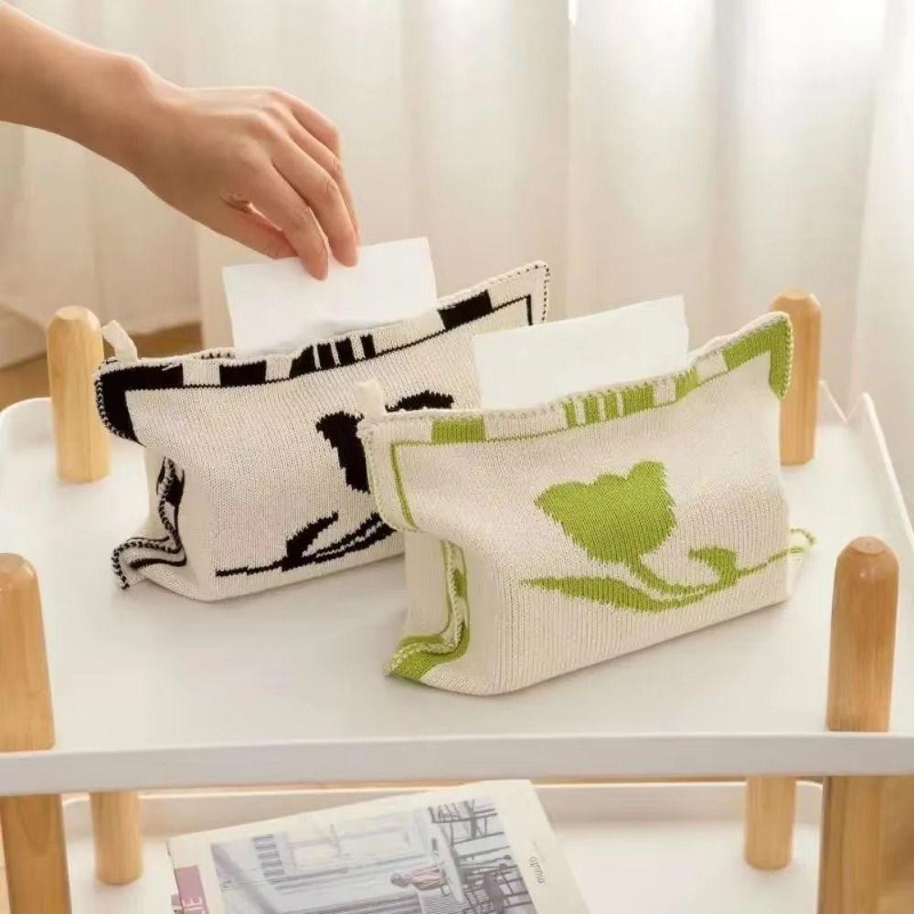 Reusable Knitted Tissue Bag Foldable Checkerboard Napkin Cover Soft Paper Storage Box Car