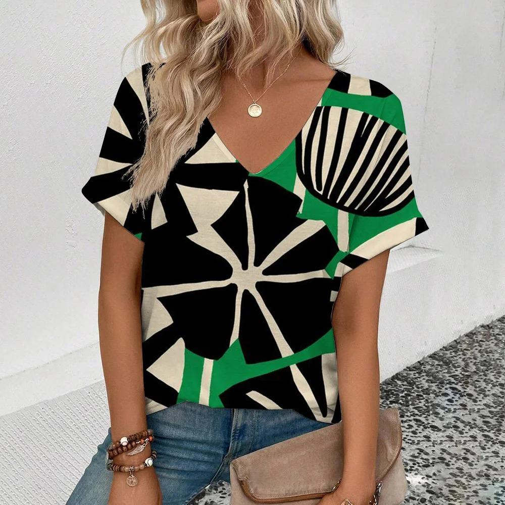 Damski letni T-shirt 3D z dekoltem w serek, modny, z krótkim rękawem, z zabawnym wzorem owocowym, cienki, luźny, casualowy, duży, oddychający, wkładany przez głowę