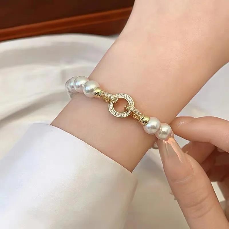 Francouzské Elegantní Mikro Set Zirkon Kulatá Spona Imitace Perly Přívěsky Náramky Pro Ženský Temperament Sada Šperků Nové Doplňky