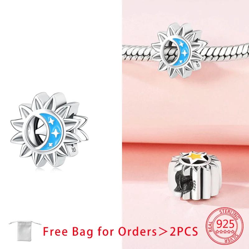 Copper Blue Zircon Heart Love Starry Sky Moon Stars Charms Beads Fit Diy Bracelet Women Jewelry Delicate Fine Gift