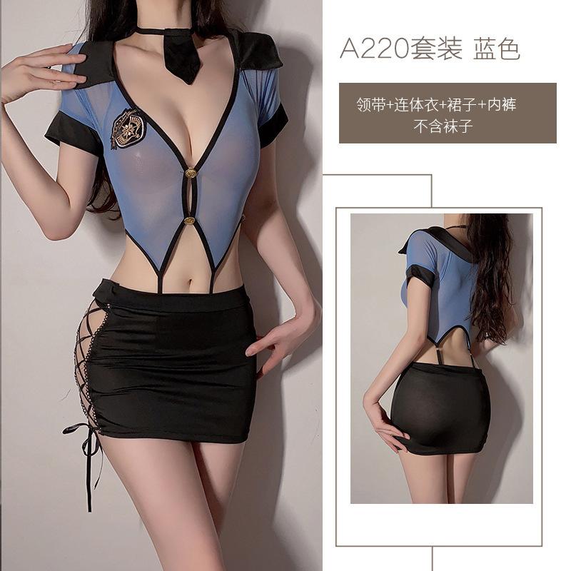 Sex police uniform one-piece suit sexy hollow straps secretary hip skirt hot perspective pajamas women