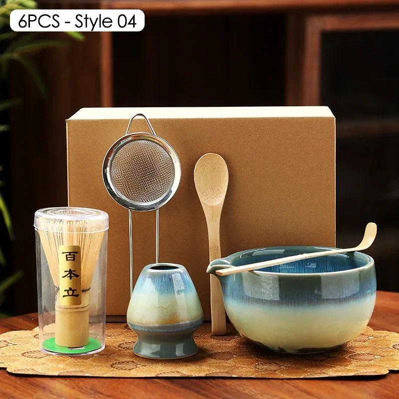 6PCS Matcha Tea Set Ceramic Matcha Bowl Bamboo Whisk Scoop Teaspoon Sifter Vintage Song Dynasty Tea Ceremony Kit