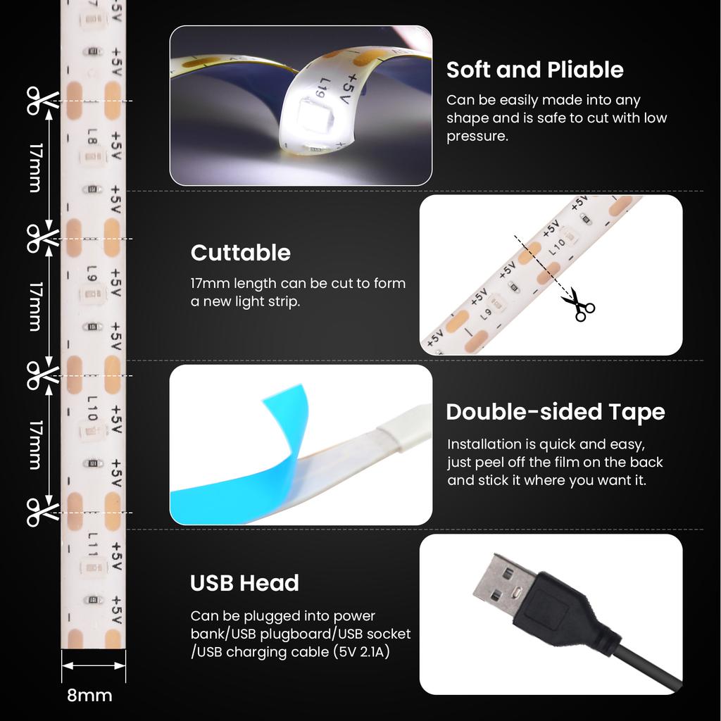 5V USB LED Strip Light with Adhesive Tape 2835 60LEDs Flexible LED Tape Waterproof Rope Light for TV Backlight Cabinet Lamp