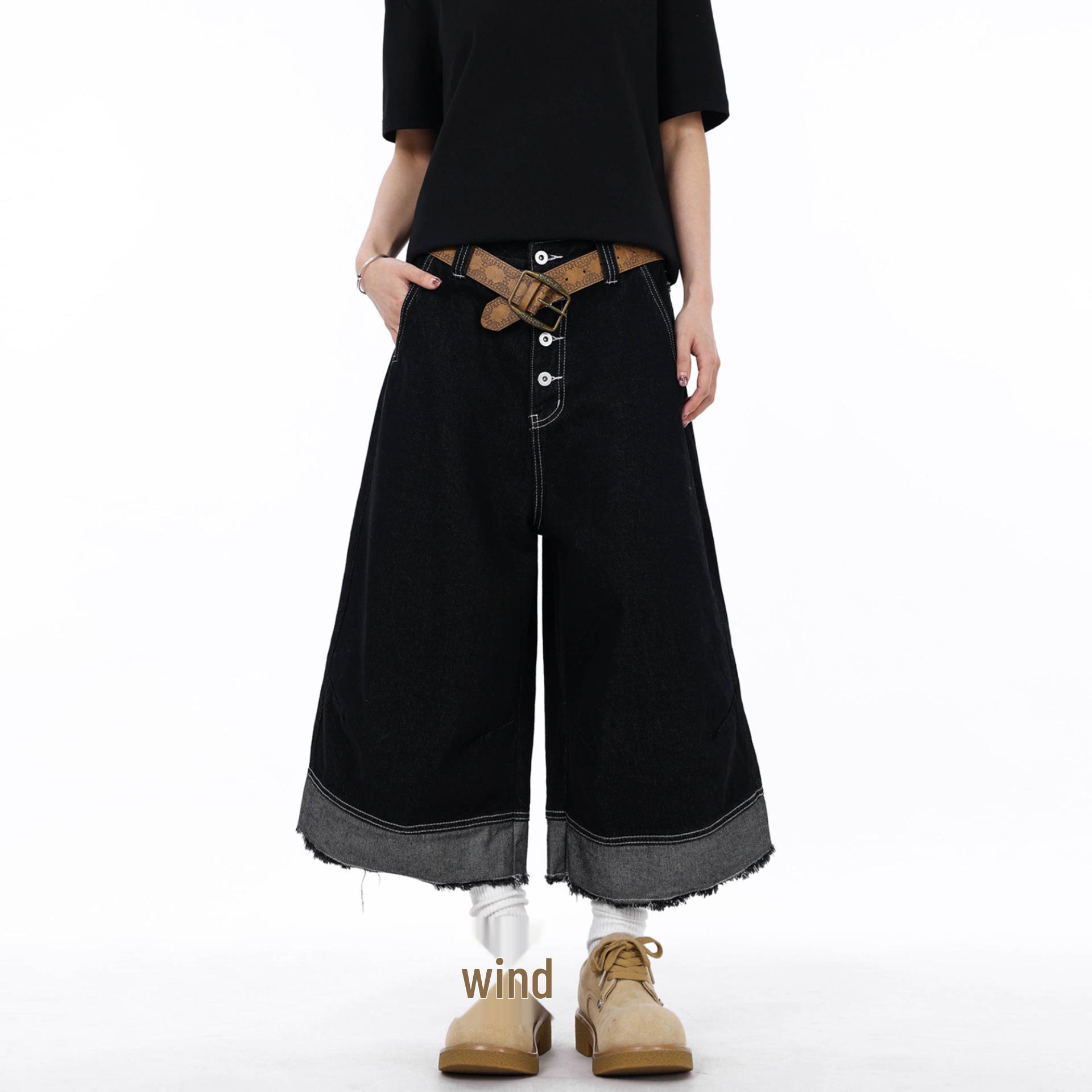 

Американские ретро черные джинсовые капри с несколькими карманами и потертостями: Унисекс Свободные Повседневные Брюки с Широкими Штанинами S чёрный