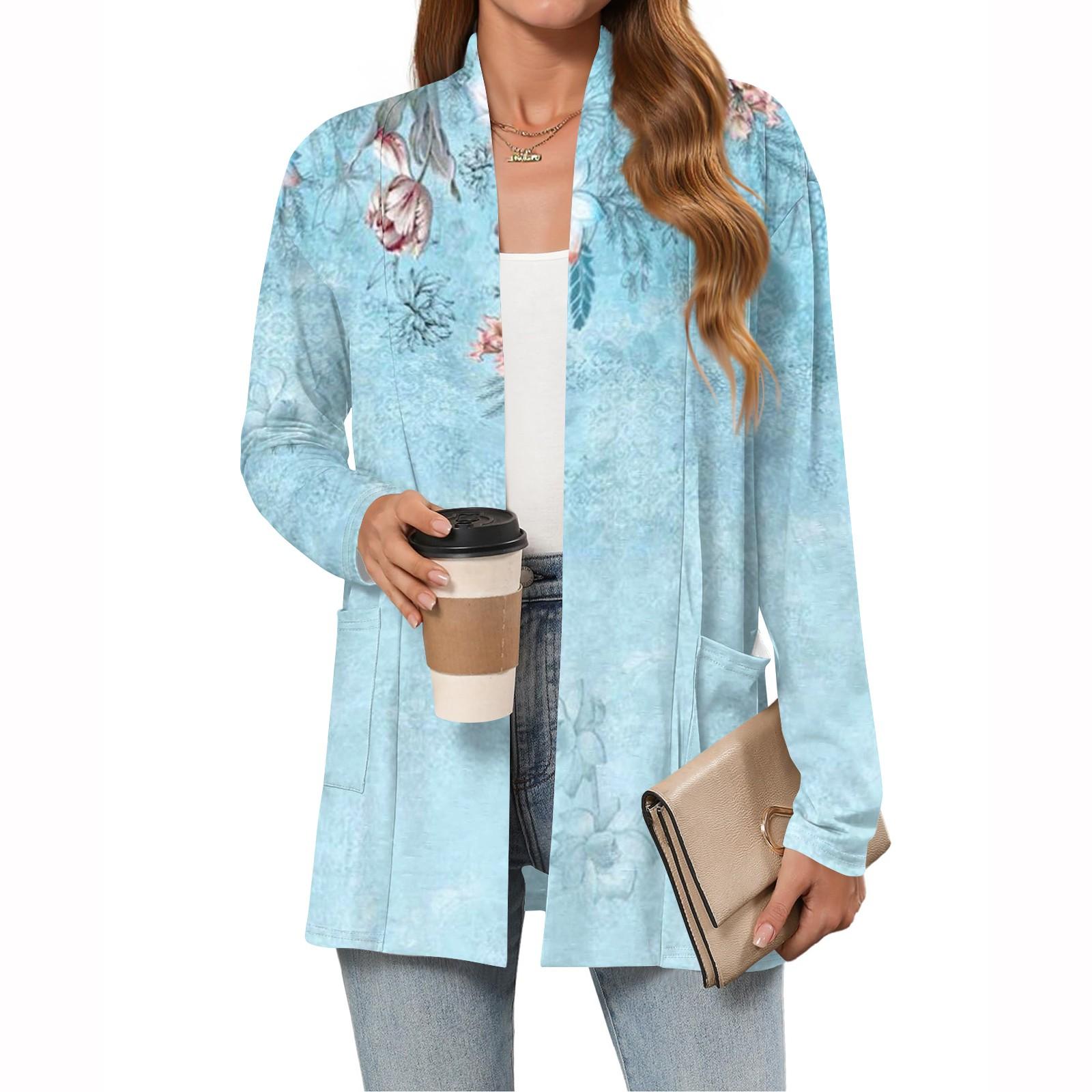 

Женские легкие кардиганы с открытой передней частью, с длинными рукавами, повседневные, свободные, тонкие кардиганы с карманами XL небесно-голубой