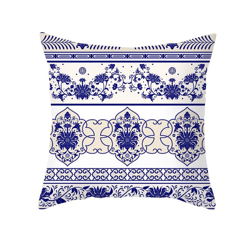 Ethnic Style Sofa Pillow Cover Blue Printed Peach Skin Pillow Cover Office Cushion