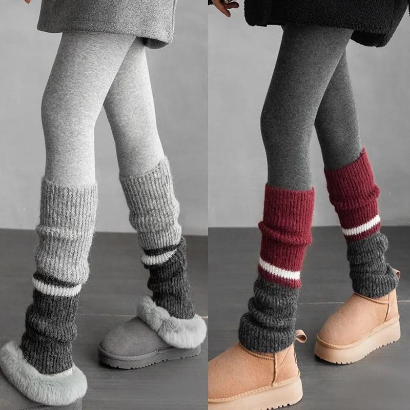 2pairs American Retro Cashmere Color Blocking Long Sock Winter Warm Knitted Leg Warmers for Women Lolita JK Boot Cover Stockings