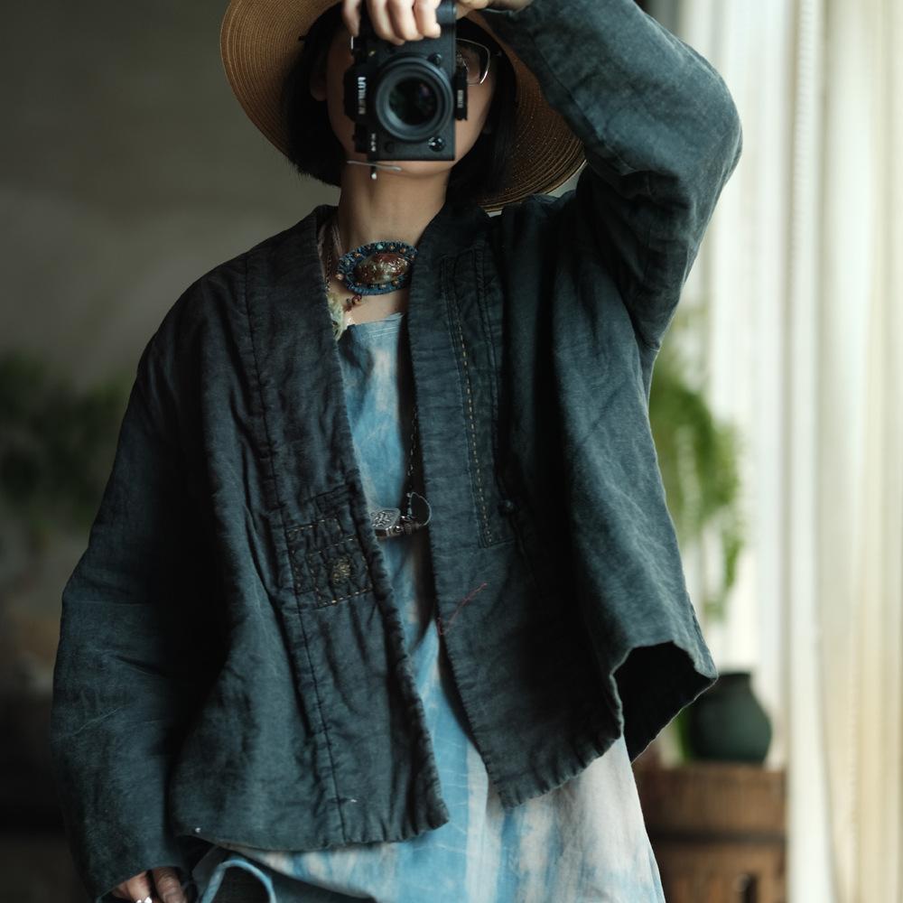 Johnature Vintage Women Patchwork V-Neck Long Sleeve Coats Autumn Single Button Coats