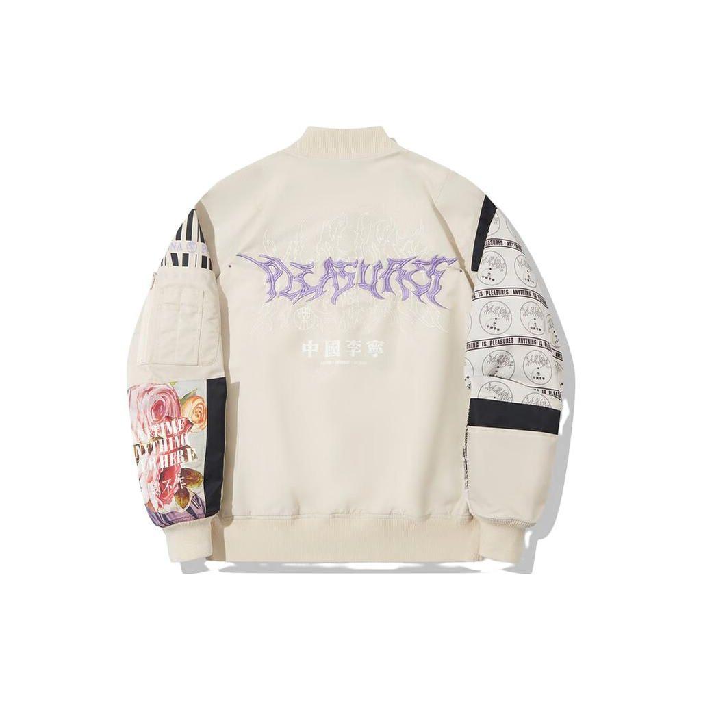 Li-Ning X Pleasures Co-Branded Letter Pattern Print Color Block Dropped Shoulder Sleeve Baseball Collar Jacket Men Jacket Oatmeal-Gray AJDT753-2